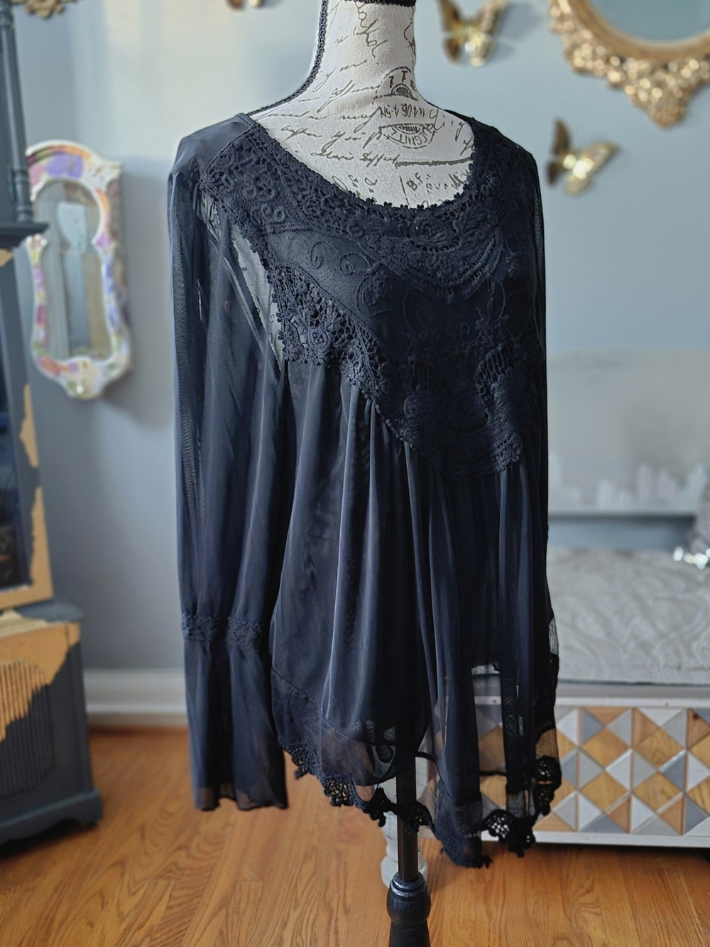 Ultra Pink Boho Whimsigoth Black Lace-Inset Sheer Tunic Large - Picture 2 of 9